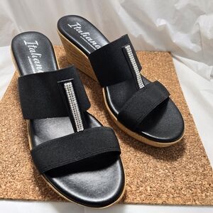Italiana by Italian Shoemakers Women's 11 Traci Wedge Black Sandals Rhinestone